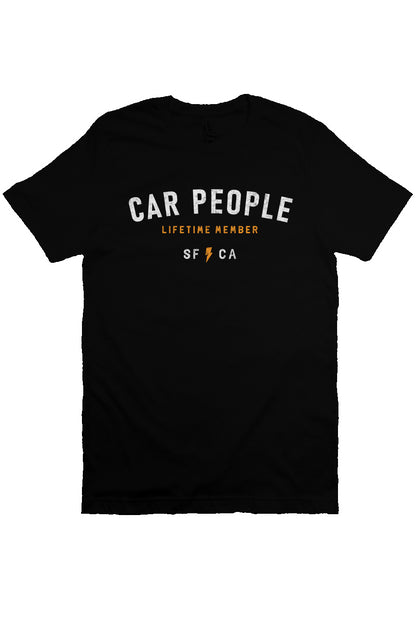 original "CAR PEOPLE" SF design printed across chest of unisex short sleeve t-shirt