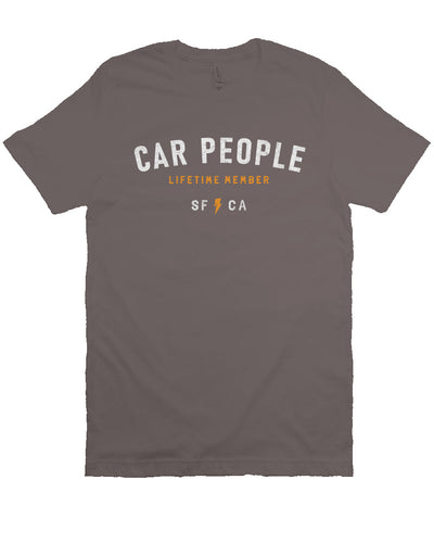 original "CAR PEOPLE" SF design printed across chest of unisex short sleeve t-shirt