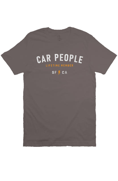 original "CAR PEOPLE" SF design printed across chest of unisex short sleeve t-shirt