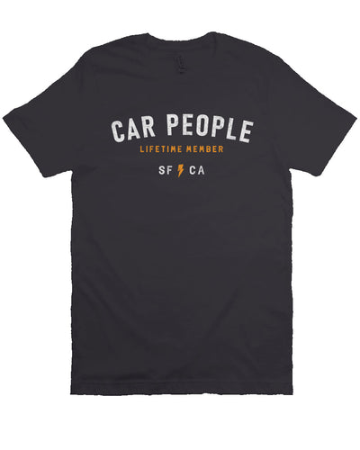 original "CAR PEOPLE" SF design printed across chest of unisex short sleeve t-shirt