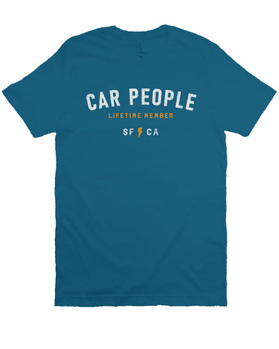 original "CAR PEOPLE" SF design printed across chest of unisex short sleeve t-shirt
