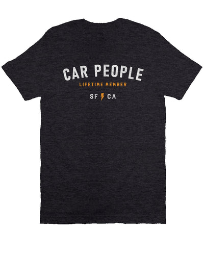 original "CAR PEOPLE" SF design printed across chest of unisex short sleeve t-shirt