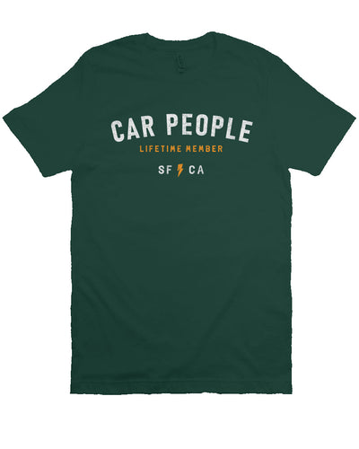 original "CAR PEOPLE" SF design printed across chest of unisex short sleeve t-shirt