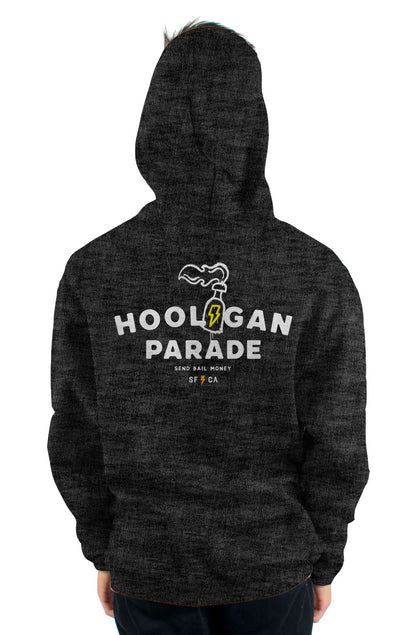 Original "hooligan parade" "send bail money" sf ca design on back of hooded sweatshirt