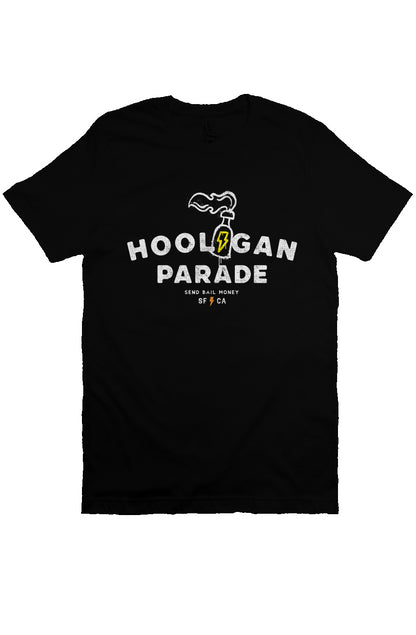 Original "hooligan parade" "send bail money" sf ca design on chest of unisex short sleeve t-shirt