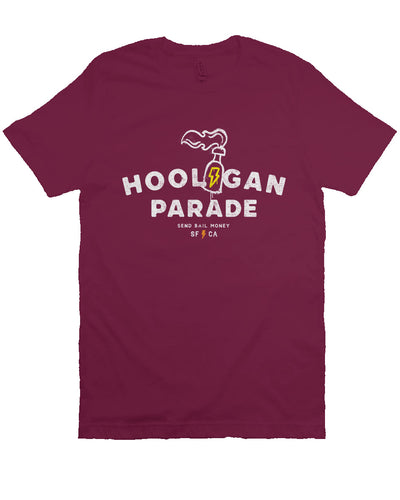 Original "hooligan parade" "send bail money" sf ca design on chest of unisex short sleeve t-shirt