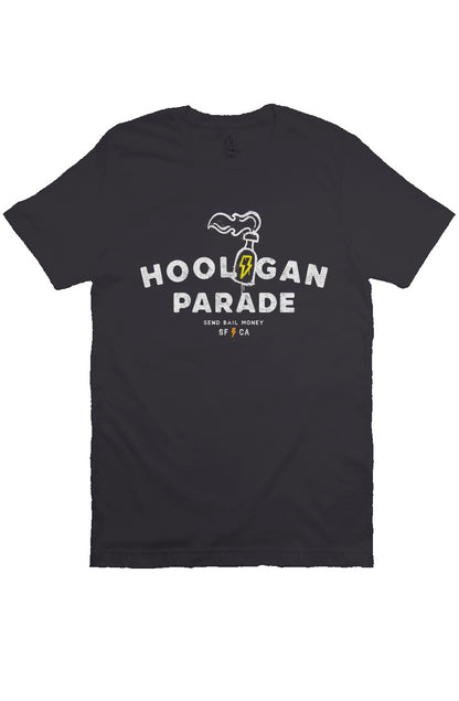 Original "hooligan parade" "send bail money" sf ca design on chest of unisex short sleeve t-shirt