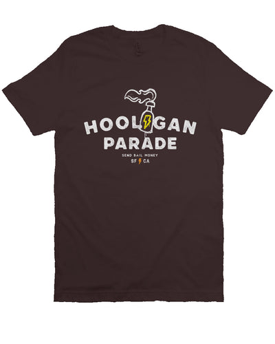 Original "hooligan parade" "send bail money" sf ca design on chest of unisex short sleeve t-shirt