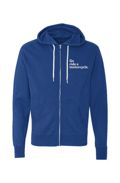 "Go ride a motorcycle" embroidered on left chest of Unisex Lightweight Full-Zip Hoodie