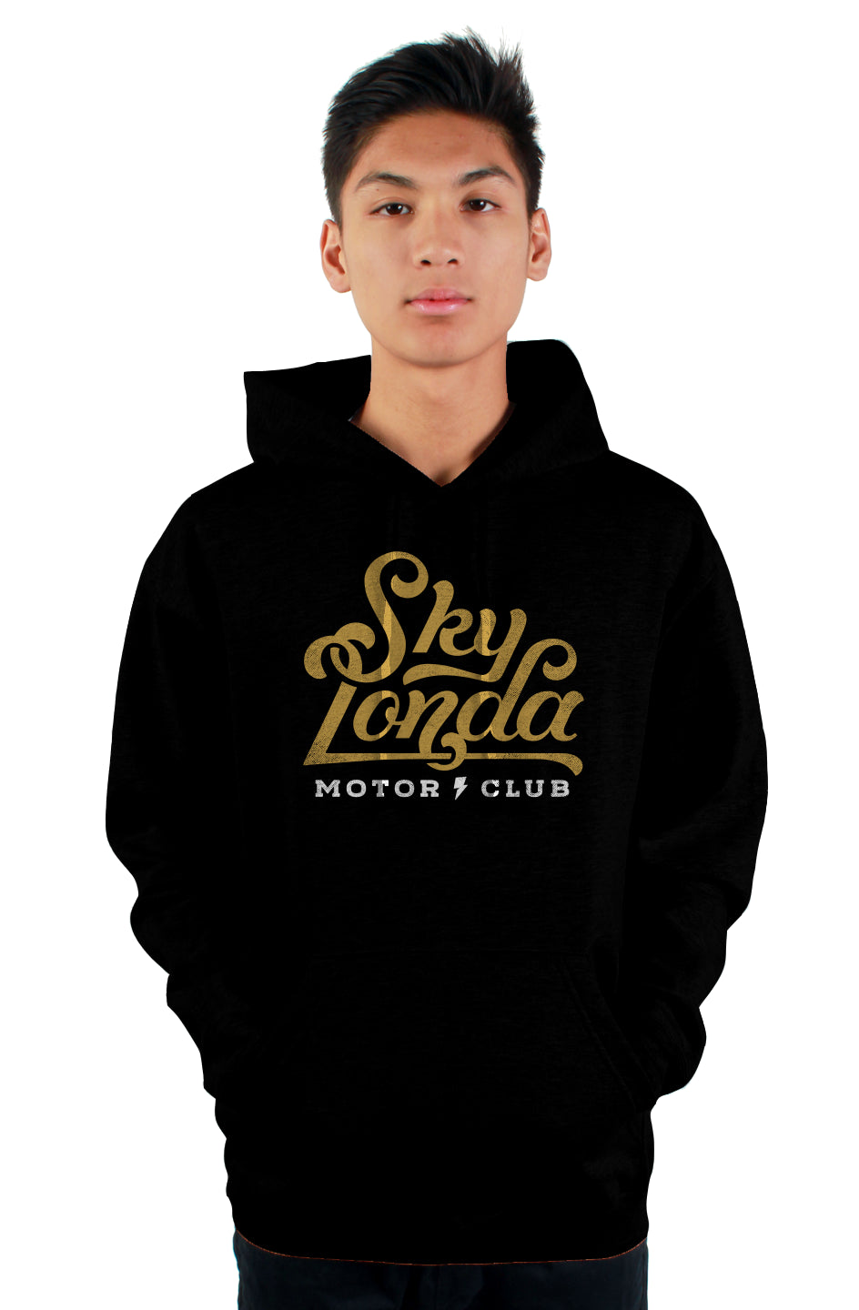 Original "Sky Londa Motor Club" logo on chest of hooded sweatshirt