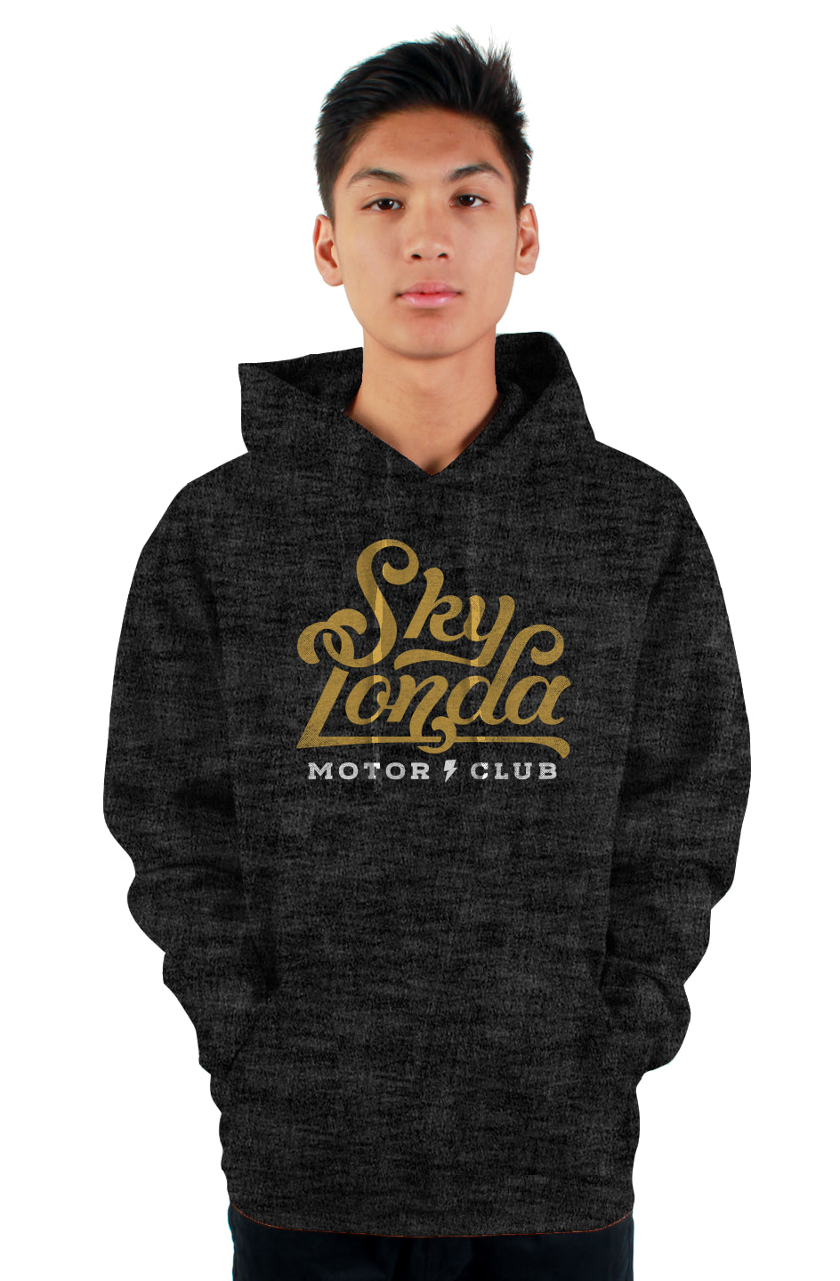 Original "Sky Londa Motor Club" logo on chest of hooded sweatshirt