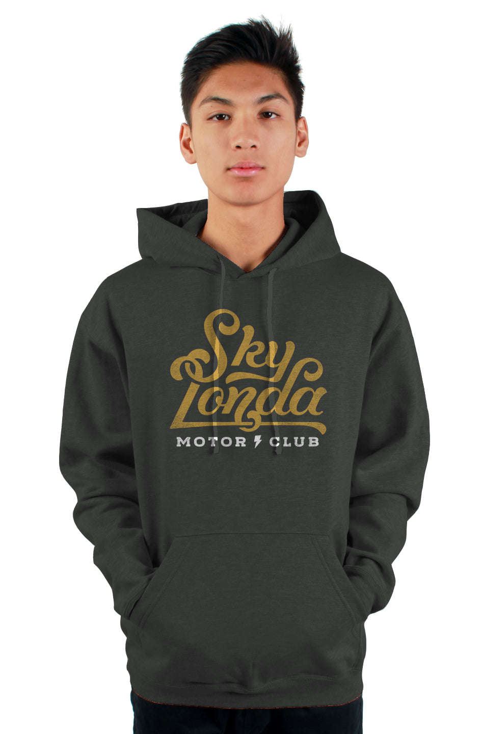 Original "Sky Londa Motor Club" logo on chest of hooded sweatshirt