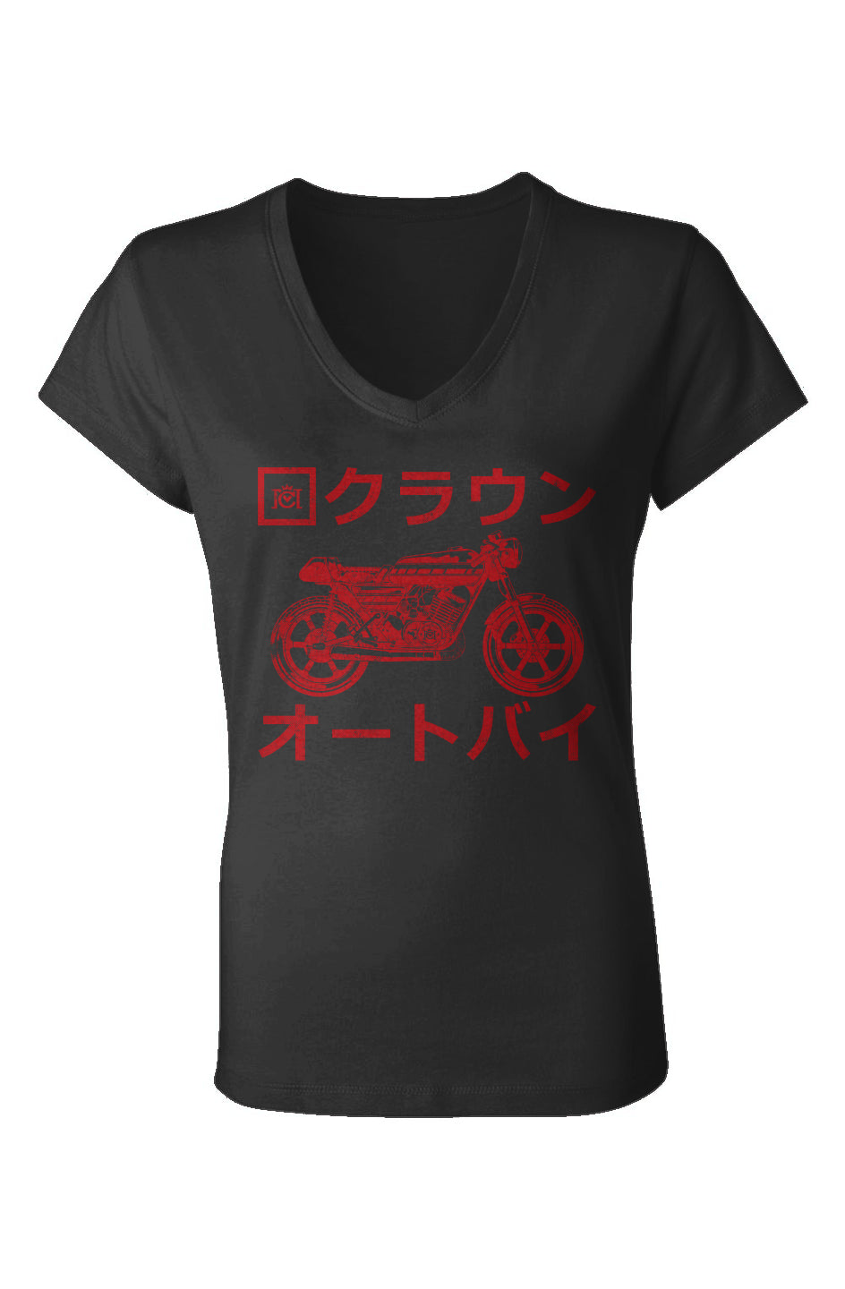 CM JPN Women's Jersey V-Neck, japanese, japan, kanji, crown moto, yamaha rd, yamaha motorcycle, retro, classic, motorcycle lifestyle, motolife, motorcycle t-shirts, motorcycle shirts, vintage, distressed, classic japanese motorcycle