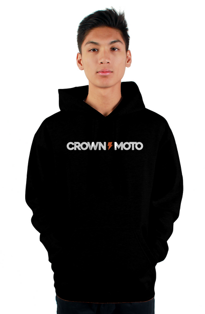crown moto logo text printed on chest of pullover hooded sweatshirt