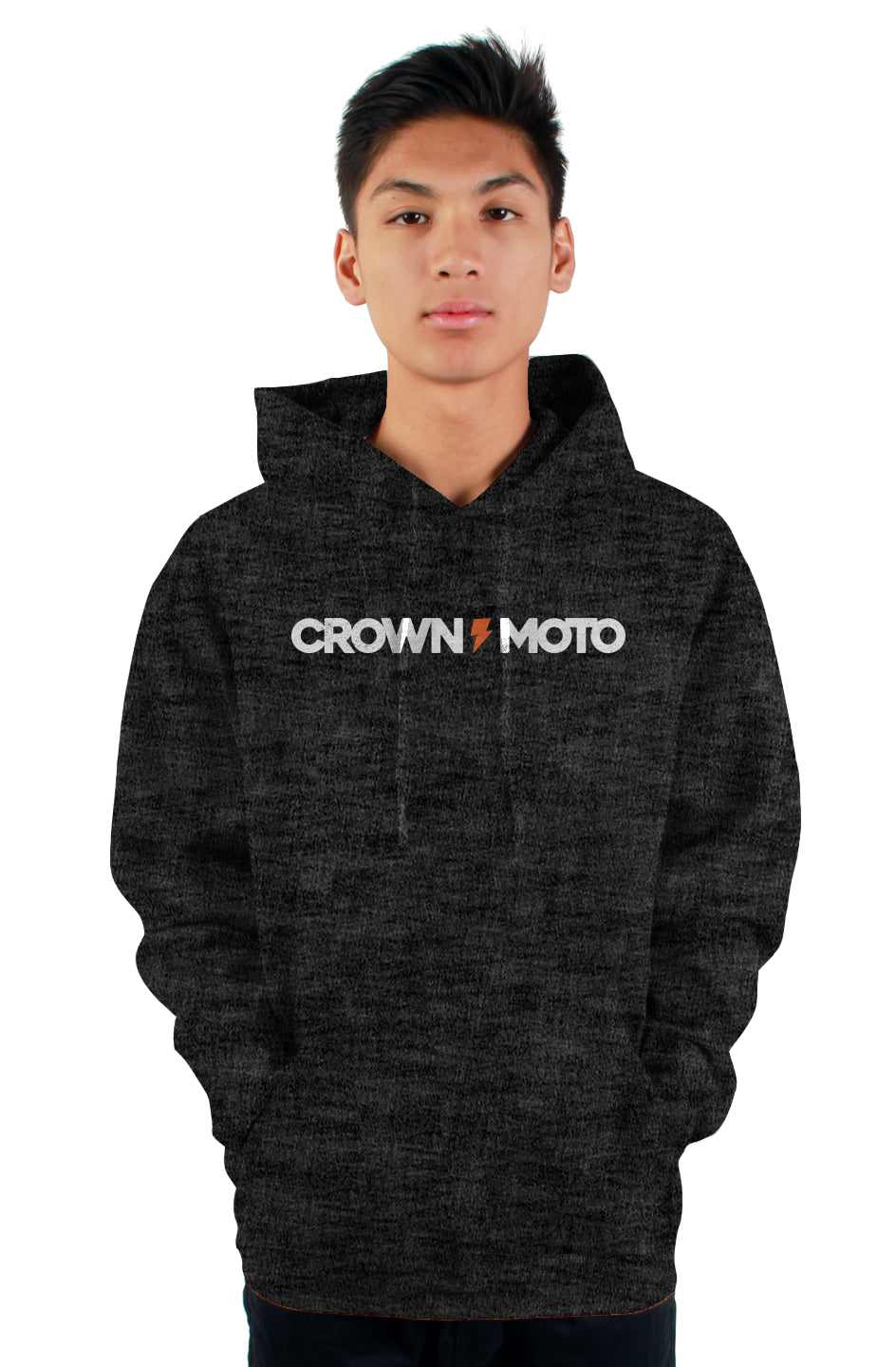 crown moto logo text printed on chest of pullover hooded sweatshirt