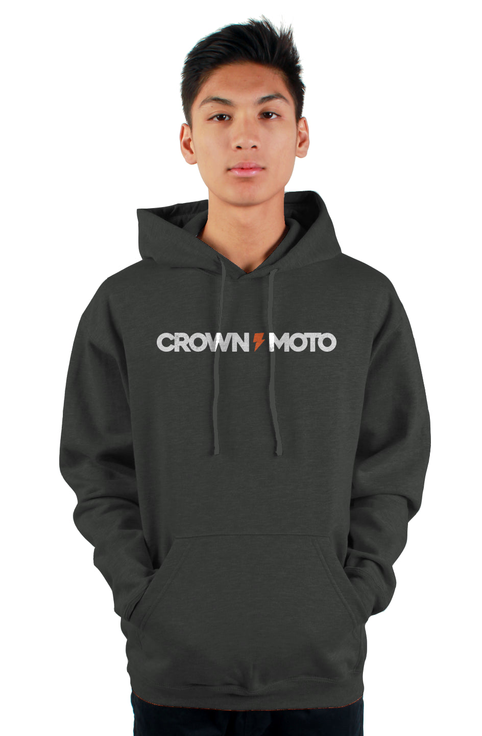 crown moto logo text printed on chest of pullover hooded sweatshirt