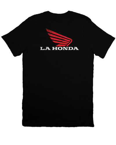 La Honda logo parody Honda Motorcycles design on back of short sleeve t-shirt, honda motorcycles, parody, california, redwoods, highway 84, coastal towns