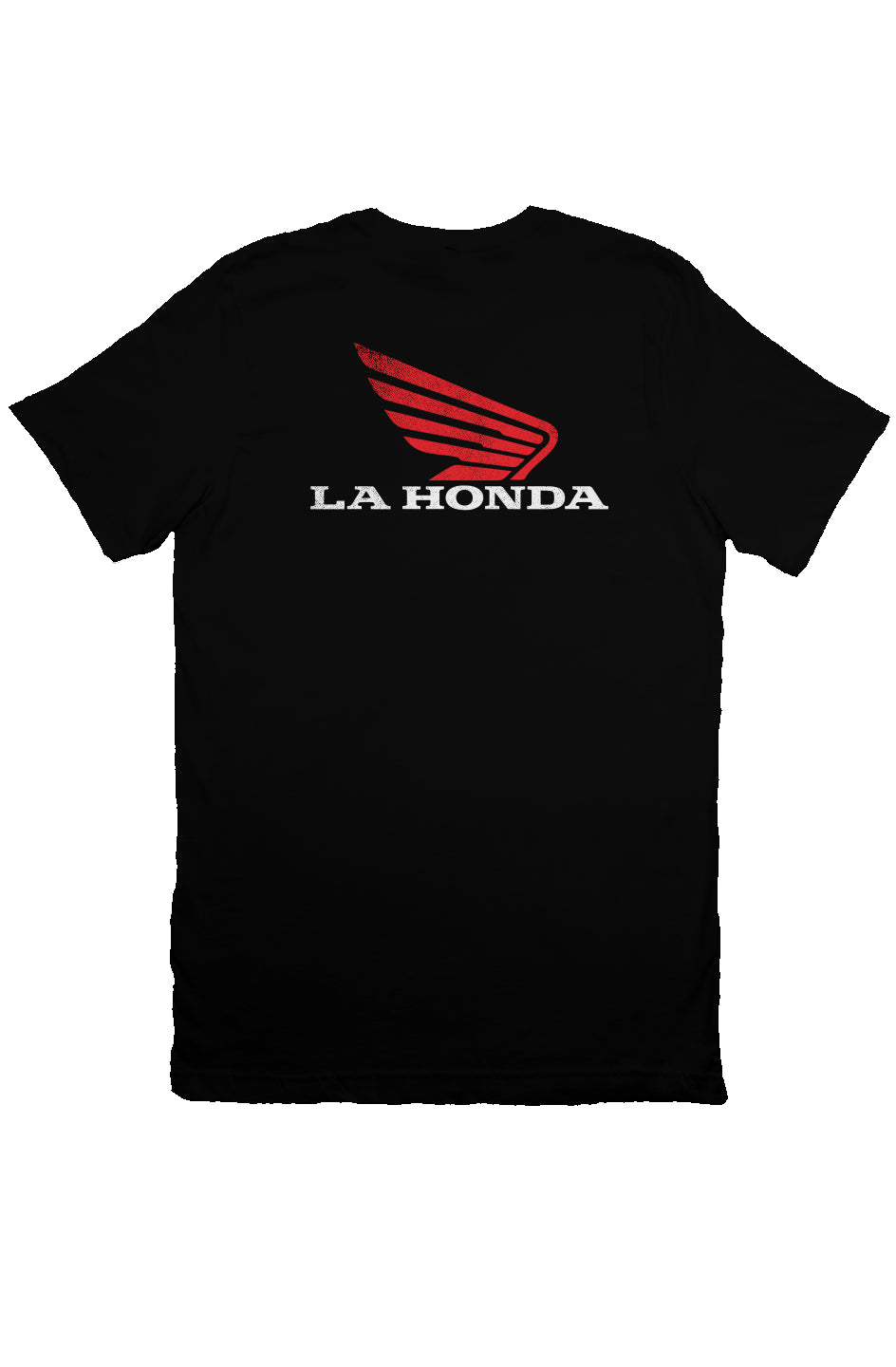 La Honda logo parody Honda Motorcycles design on back of short sleeve t-shirt