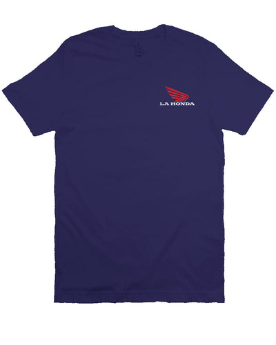 La Honda logo parody Honda Motorcycles design on back of short sleeve t-shirt, honda motorcycles, parody, california, redwoods, highway 84, coastal towns