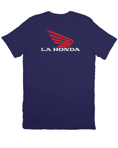 La Honda logo parody Honda Motorcycles design on back of short sleeve t-shirt, honda motorcycles, parody, california, redwoods, highway 84, coastal towns