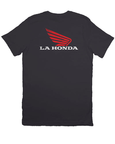 La Honda logo parody Honda Motorcycles design on back of short sleeve t-shirt, honda motorcycles, parody, california, redwoods, highway 84, coastal towns