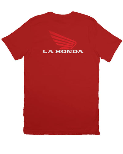 La Honda logo parody Honda Motorcycles design on back of short sleeve t-shirt, honda motorcycles, parody, california, redwoods, highway 84, coastal towns