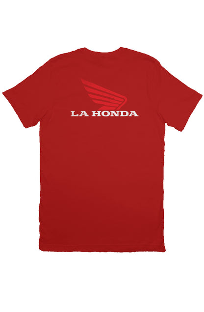 La Honda logo parody Honda Motorcycles design on back of short sleeve t-shirt