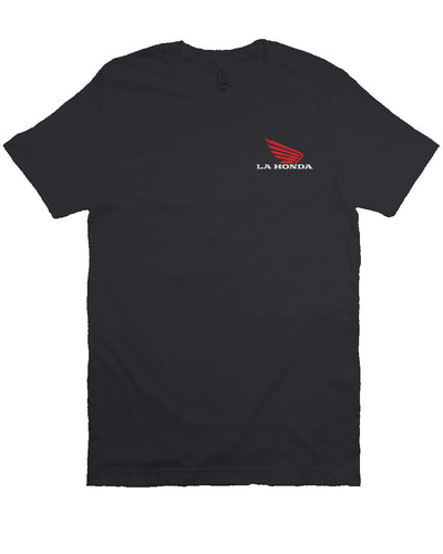 La Honda logo parody Honda Motorcycles design on back of short sleeve t-shirt, honda motorcycles, parody, california, redwoods, highway 84, coastal towns