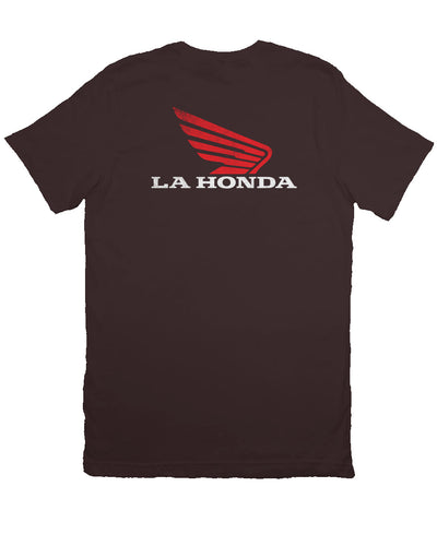 La Honda logo parody Honda Motorcycles design on back of short sleeve t-shirt, honda motorcycles, parody, california, redwoods, highway 84, coastal towns