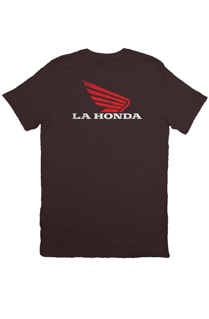 La Honda logo parody Honda Motorcycles design on back of short sleeve t-shirt