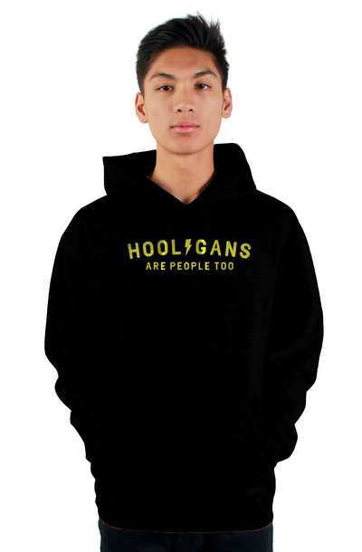 Man wearing hooded sweatshirt with "Hooligans are people too" text design on chest, La Honda logo parody Honda Motorcycles design, honda motorcycles, parody, california, redwoods, highway 84, coastal towns