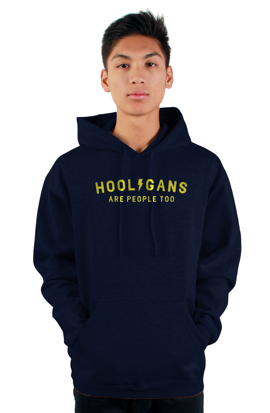 Man wearing hooded sweatshirt with "Hooligans are people too" text design on chest