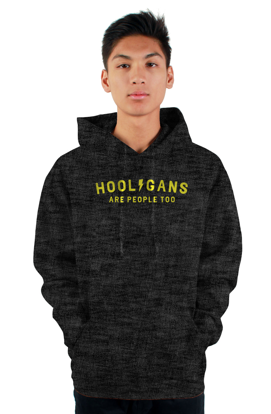 Man wearing hooded sweatshirt with "Hooligans are people too" text design on chest