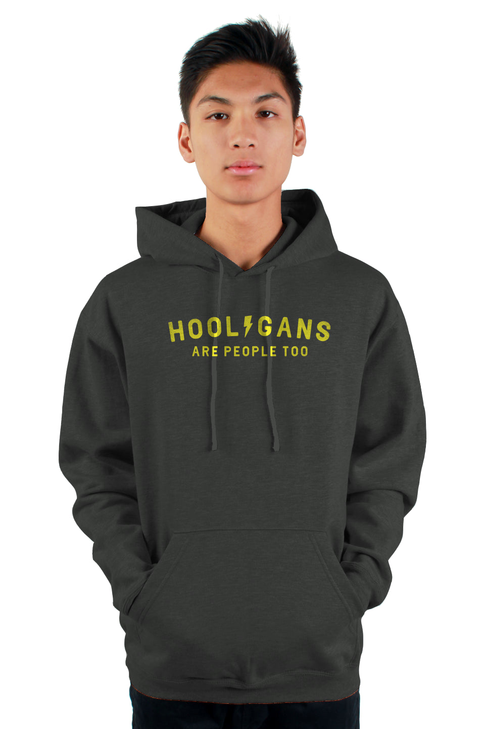 Man wearing hooded sweatshirt with "Hooligans are people too" text design on chest