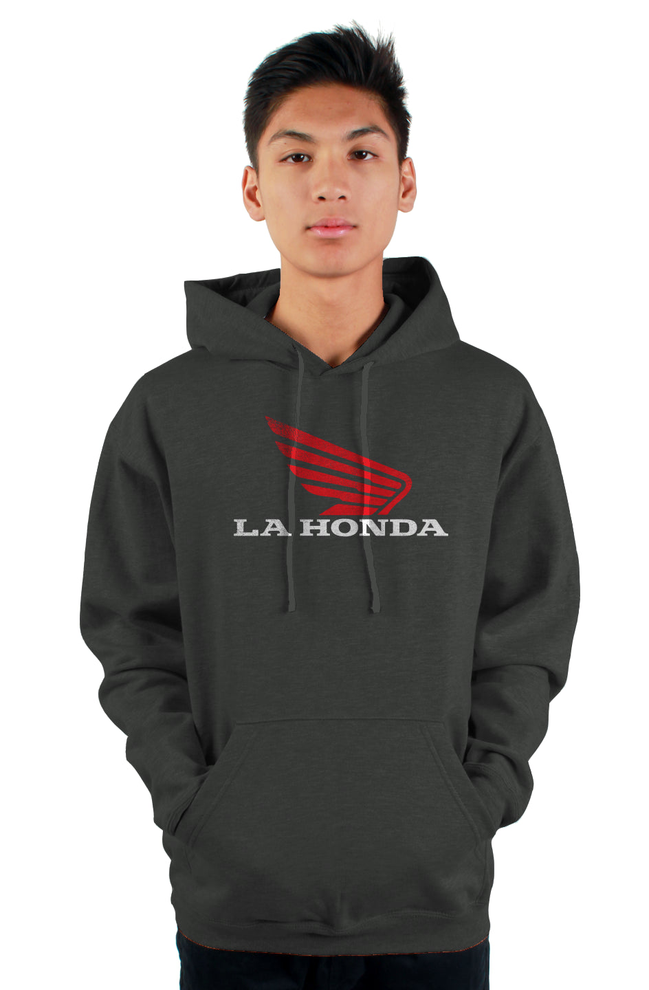 Man wearing La Honda parody honda motorcycle design on chest of hooded sweatshirt