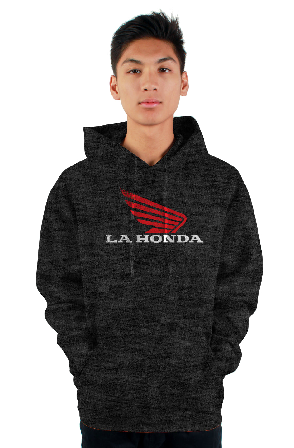 Man wearing La Honda parody honda motorcycle design on chest of hooded sweatshirt