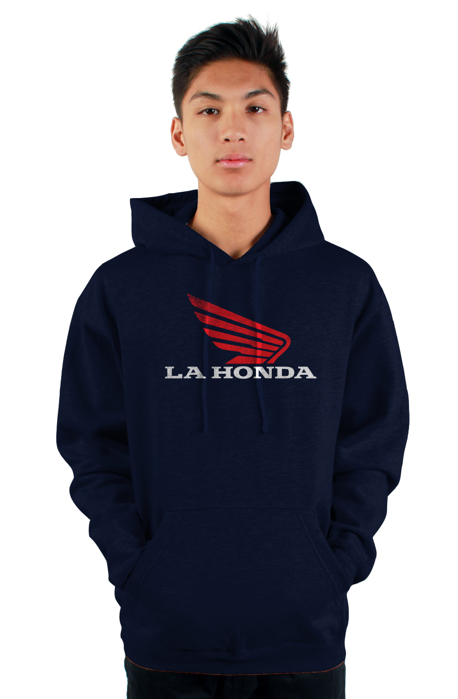 Man wearing La Honda parody honda motorcycle design on chest of hooded sweatshirt