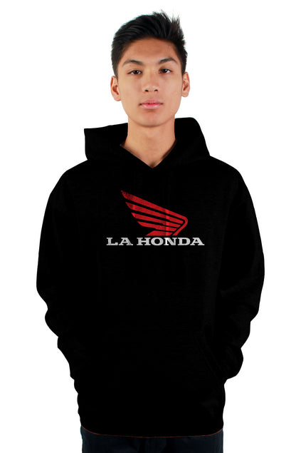 Man wearing La Honda parody honda motorcycle design on chest of hooded sweatshirt