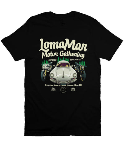 Short sleeve t-shirt with "Loma Mar Motor Gathering" poster art by NEMO on chest