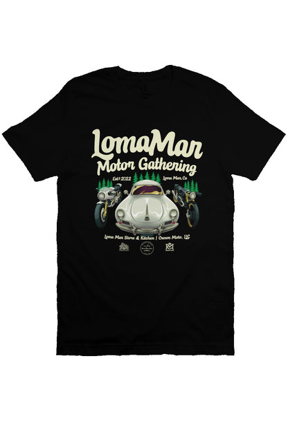 Short sleeve t-shirt with "Loma Mar Motor Gathering" poster art by NEMO on chest