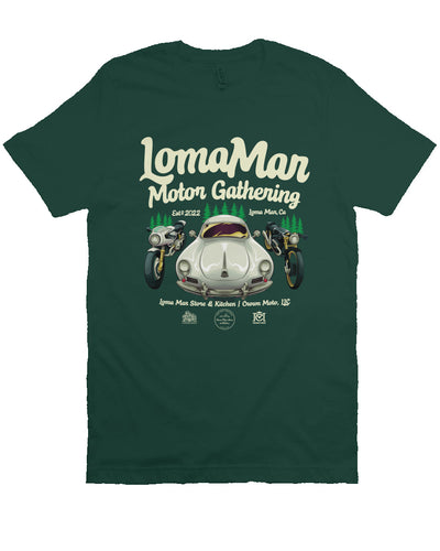 Short sleeve t-shirt with "Loma Mar Motor Gathering" poster art on chest
