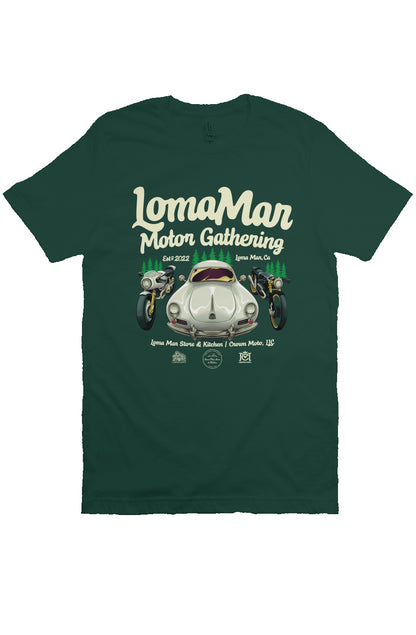 Short sleeve t-shirt with "Loma Mar Motor Gathering" poster art on chest