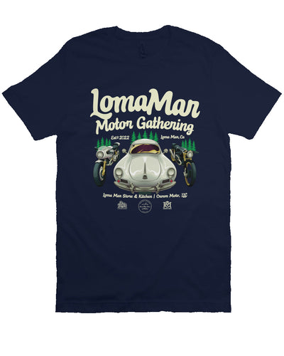 Short sleeve t-shirt with "Loma Mar Motor Gathering" poster art on chest