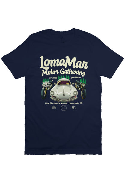 Short sleeve t-shirt with "Loma Mar Motor Gathering" poster art on chest