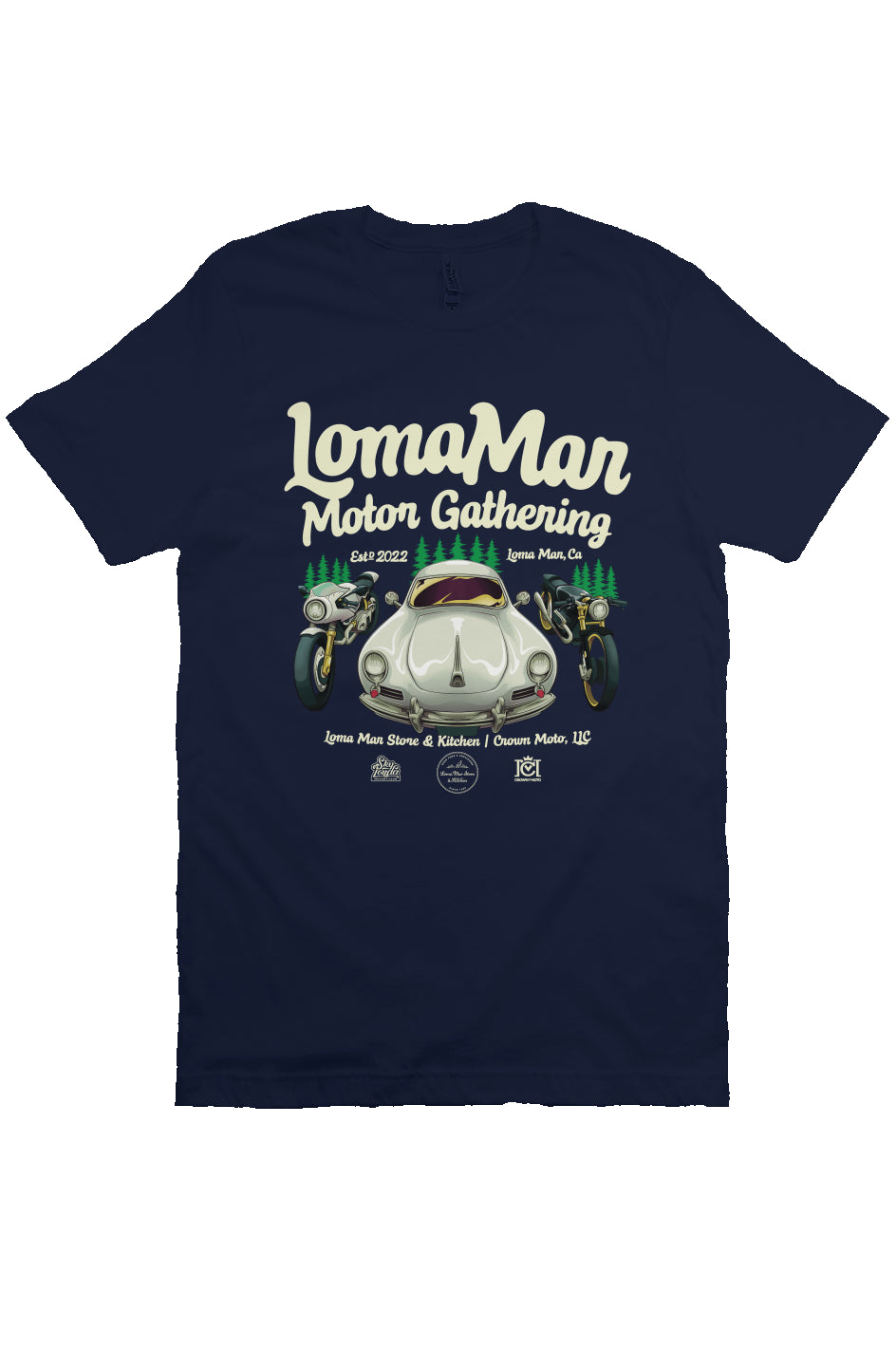 Short sleeve t-shirt with "Loma Mar Motor Gathering" poster art on chest