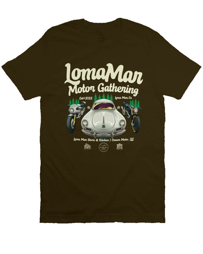 Short sleeve t-shirt with "Loma Mar Motor Gathering" poster art on chest