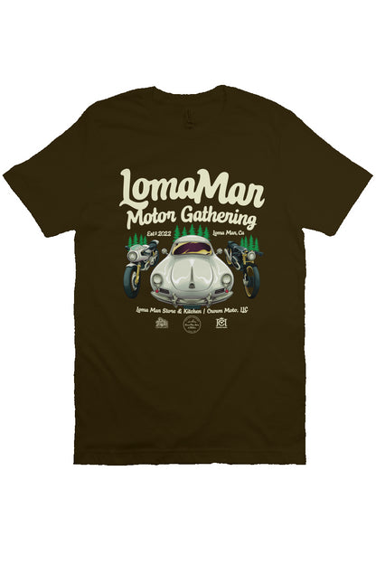 Short sleeve t-shirt with "Loma Mar Motor Gathering" poster art on chest