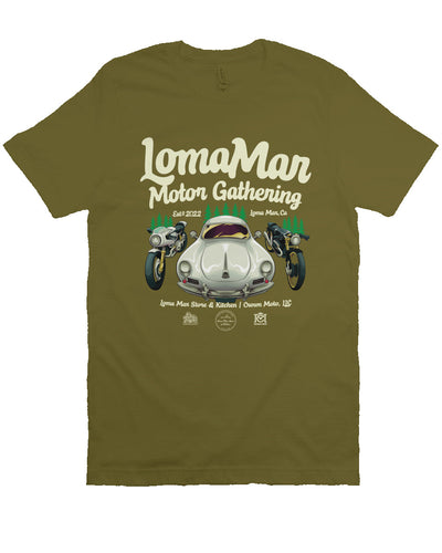Short sleeve t-shirt with "Loma Mar Motor Gathering" poster art on chest