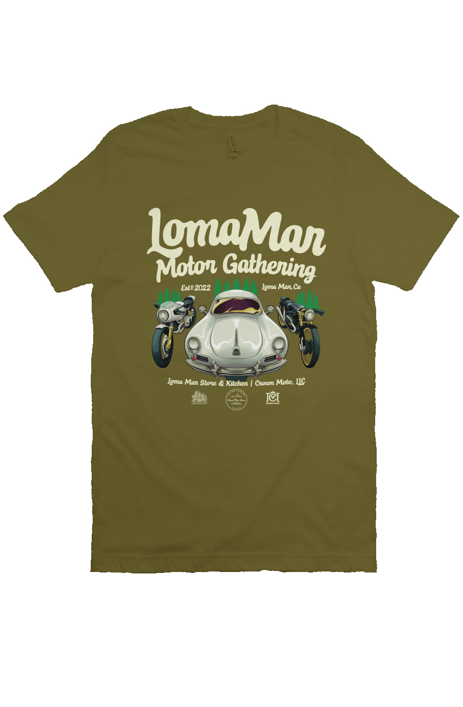 Short sleeve t-shirt with "Loma Mar Motor Gathering" poster art on chest