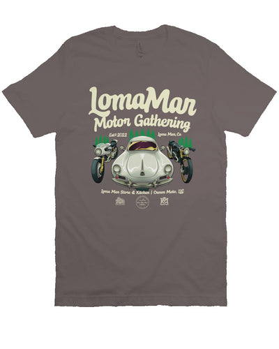 Short sleeve t-shirt with "Loma Mar Motor Gathering" poster art on chest